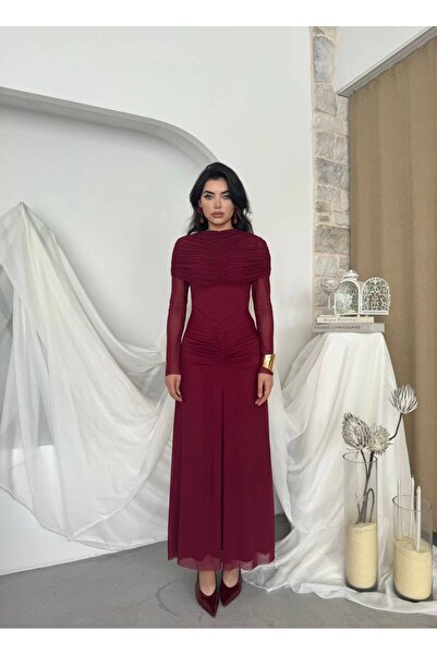 ETİKAFASHION Üst Drapeli Kapalı Yaka Uzun Elbise