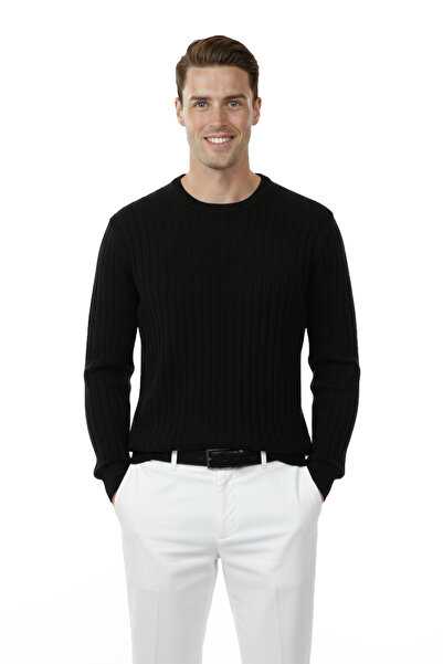 DeepSEA Men's Black Comfortable Fit Striped Textured Knit Sweater – Stylish & Modern Design 2605432