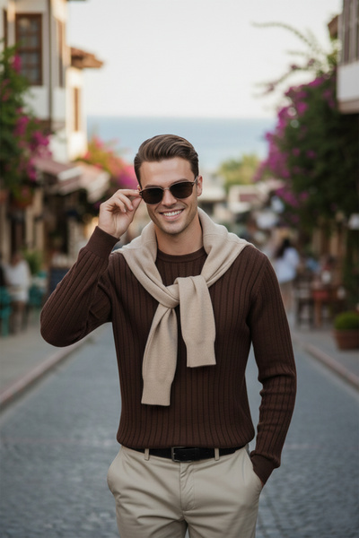 DeepSEA Men's Brown Comfortable Fit Striped Textured Knit Sweater – Stylish & Modern Design 2605432