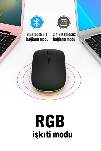 MA Siyah mouse Kablosuz Sessiz RGB ledli şarj Edilebilir 2.4G + Bluetooth çift bağlantı
