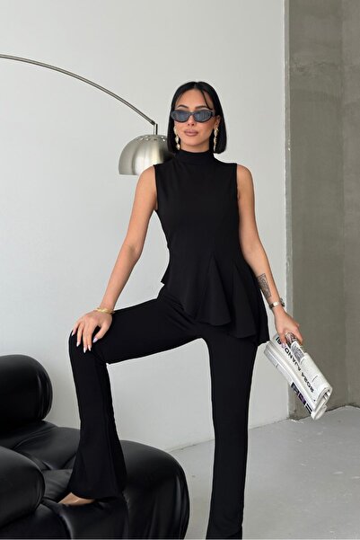 AKD Atelier Women's Bottom Top Set Zero Sleeve Turtleneck Ruffled Asymmetric Blouse Flared Shirred Pants