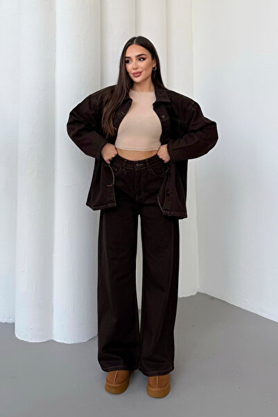 ASEDE Pocket Detailed Tie-Up Zr Buttoned Belted Brown Premium Jean Denim Jacket Pants Set