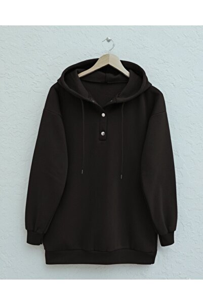 Modamorfo Hooded Fleece-Lined Three Thread Sweatshirt with Snap Fasteners on the Collar -K. Brown