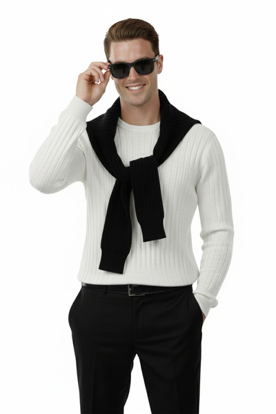 DeepSEA Men's White Comfortable Fit Striped Textured Knit Sweater – Stylish & Modern Design 2605432