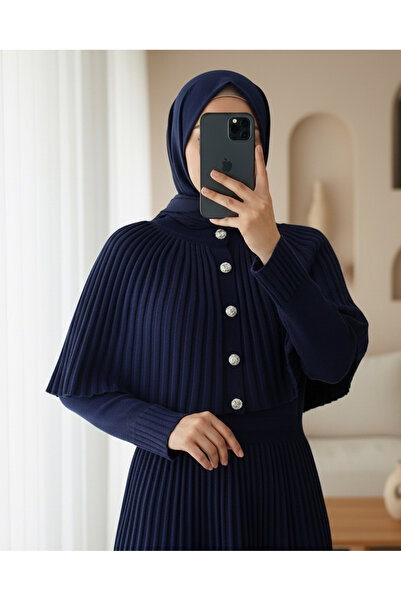 Modamorfo Skirt Corded Fabric Long Knitwear Dress with Elastic Waist and Cape Detail - Navy