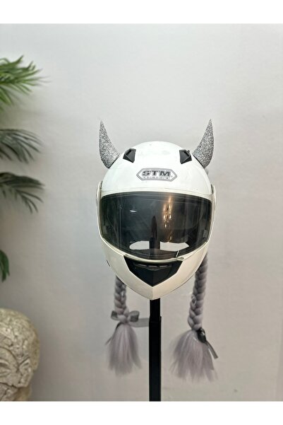 Butik Motor & Motosiklet Gri Simli Çift Örgü Saç ve Hologramlı Şeytan Boynuzlu Set Kask Dış Aksesuarı