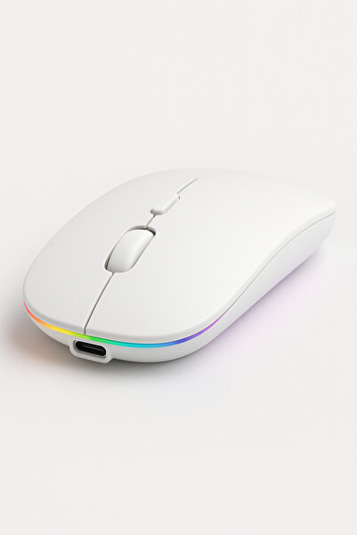 MA Beyaz Kablosuz mouse Sessiz RGB ledli şarj Edilebilir 2.4G + Bluetooth çift bağlantı