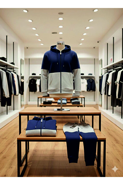 HOFFNUNG 3Iplik Daily Hooded Top and Sweatpants Set Solid Color Removable Hooded Sweatshirt Full Zip