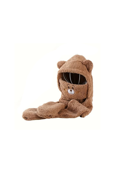 VeliumCraft Unisex hat with scarf and gloves, VeliumCraft, 4-in-1, teddy bear pattern, brown