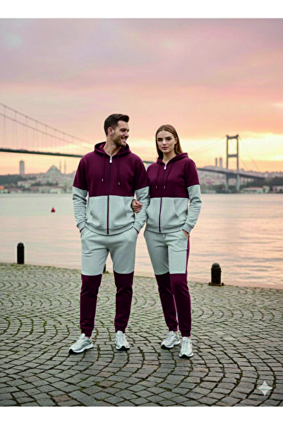 HOFFNUNG 3Iplik Daily Hooded Top and Sweatpants Set Solid Color Removable Hooded Sweatshirt Full Zip