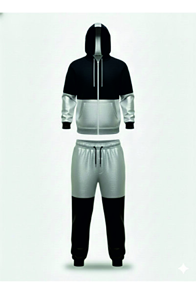 HOFFNUNG 3Iplik Daily Hooded Top and Sweatpants Set Solid Color Removable Hooded Sweatshirt Full Zip