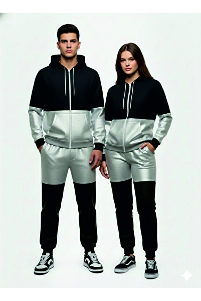 HOFFNUNG 3Iplik Daily Hooded Top and Sweatpants Set Solid Color Removable Hooded Sweatshirt Full Zip