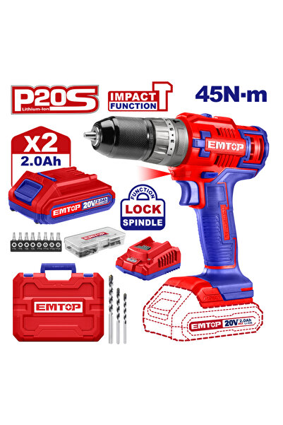 EMTOP Impact Drill/Driver, 2 Batteries 2.0 Ah, 45 Nm, 55 Accessories