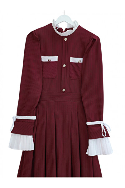 Modamorfo Φόρεμα με πλισέ με λεπτομέρεια με κορδόνια και κουμπιά στο μανίκι - Βουργουνδία