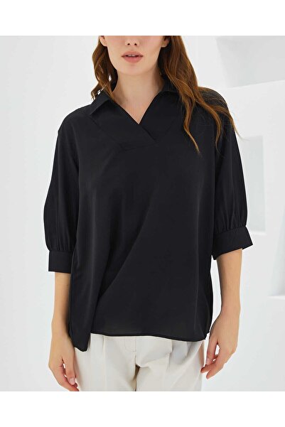 Modamorfo Women's Black Shirt Collar Satin Blouse 0493