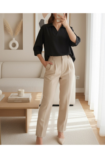 Modamorfo Women's Black Shirt Collar Satin Blouse 0493