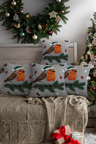 Ahsen Dekoratif New Year Themed Set of 4 Bird Velvet Cushion Covers 43X43 cm ...