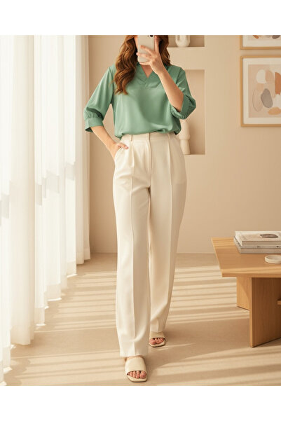 Modamorfo Women's Green Shirt Collar Satin Blouse 0493