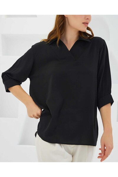 Modamorfo Women's Black Shirt Collar Satin Blouse 0493