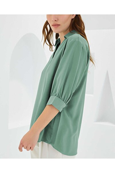 Modamorfo Women's Green Shirt Collar Satin Blouse 0493