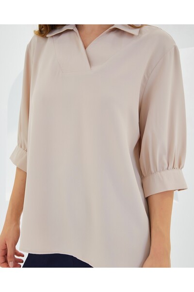 Modamorfo Women's Cream Shirt Collar Satin Blouse 0493