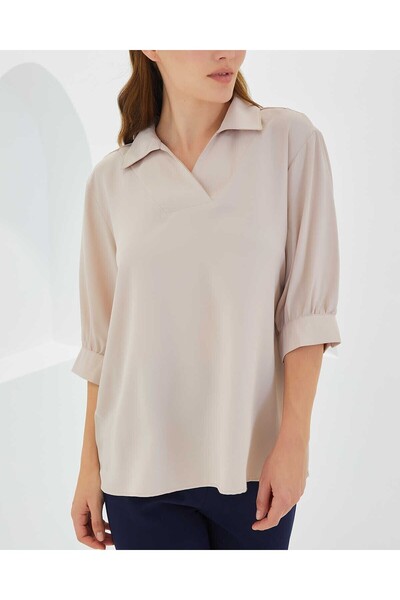 Modamorfo Women's Cream Shirt Collar Satin Blouse 0493