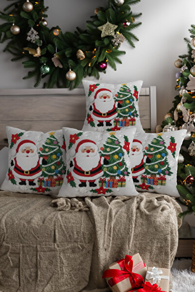 Ahsen Dekoratif Christmas Themed Set of 4 Velvet Throw Pillow Covers with Chr...