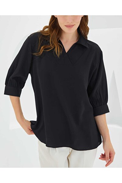 Modamorfo Women's Black Shirt Collar Satin Blouse 0493