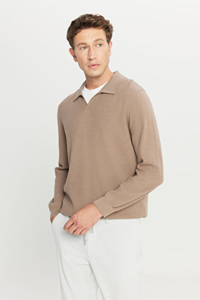 ALTINYILDIZ CLASSICS Pulover pentru bărbați, din bumbac, bej, cu potrivire standard, normală, croială cu guler polo, tricotaj jacquard