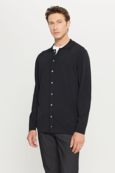 ALTINYILDIZ CLASSICS Men's Black Standard Fit Regular Cut Shirt Collar Knitwear Sweater