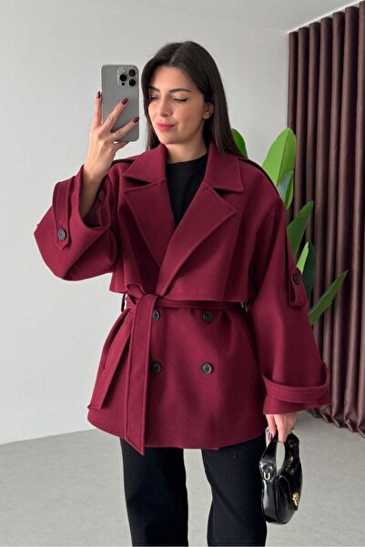 MEECY معطف كاشي موديل قصة فضفاضة مستورد من زر مع حزام