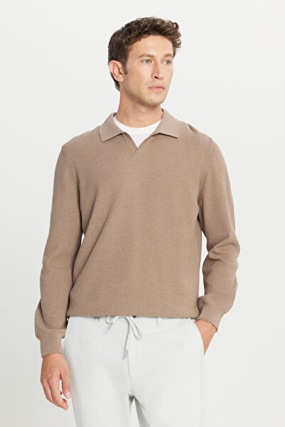 ALTINYILDIZ CLASSICS Pulover pentru bărbați, din bumbac, bej, cu potrivire standard, normală, croială cu guler polo, tricotaj jacquard