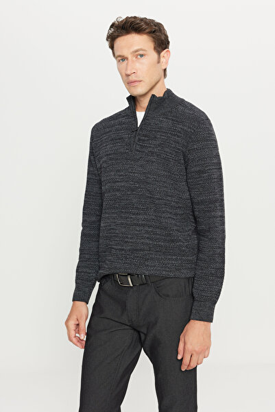 ALTINYILDIZ CLASSICS Pulover pentru bărbați din bumbac antracit-melange, cu potrivire standard, normal croială cu guler bato, tricotaj jacquard