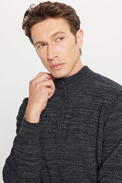 ALTINYILDIZ CLASSICS Pulover pentru bărbați din bumbac antracit-melange, cu potrivire standard, normal croială cu guler bato, tricotaj jacquard