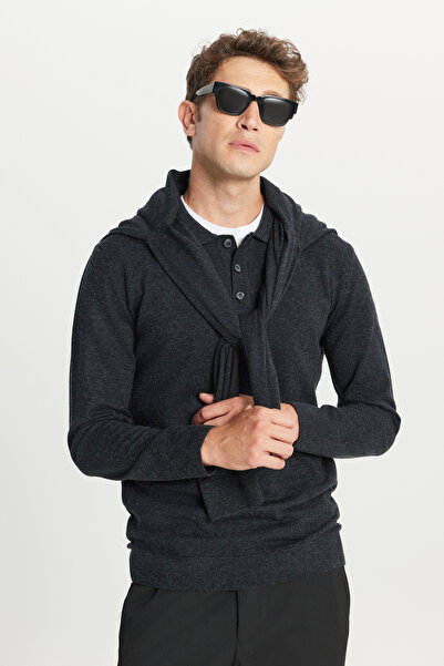 ALTINYILDIZ CLASSICS Men's Anthracite-Melange Wool Standard Fit Regular Cut Polo Neck Knitwear Sweater