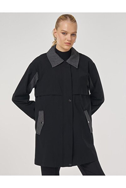 Kayra Denim Paneled Short Trench Coat Black