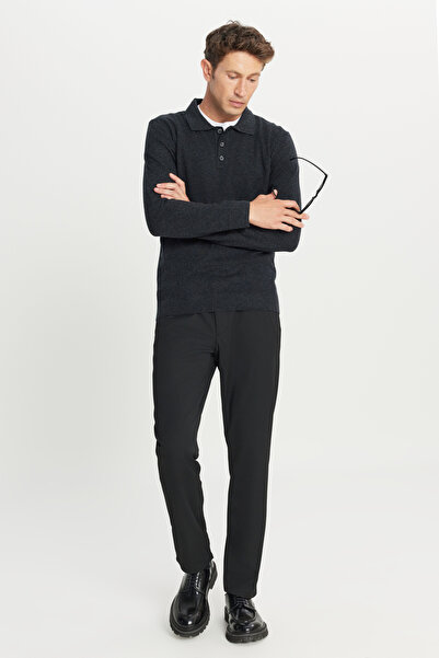 ALTINYILDIZ CLASSICS Men's Anthracite-Melange Wool Standard Fit Regular Cut Polo Neck Knitwear Sweater