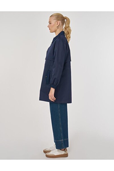 Kayra Denim Paneled Short Trench Coat Dark Navy Blue