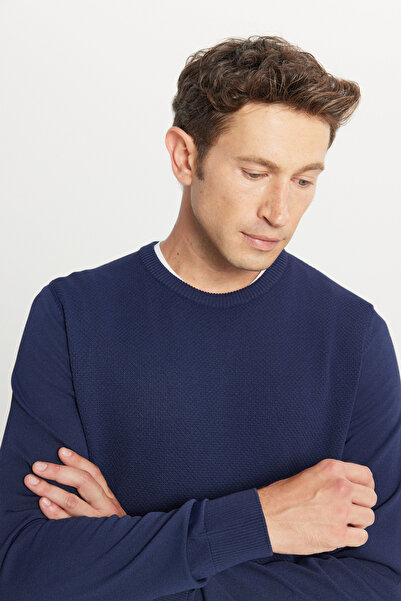 ALTINYILDIZ CLASSICS Ανδρικό πουλόβερ πλεκτό ζακάρ με κανονική εφαρμογή Navy Blue Standard Fit