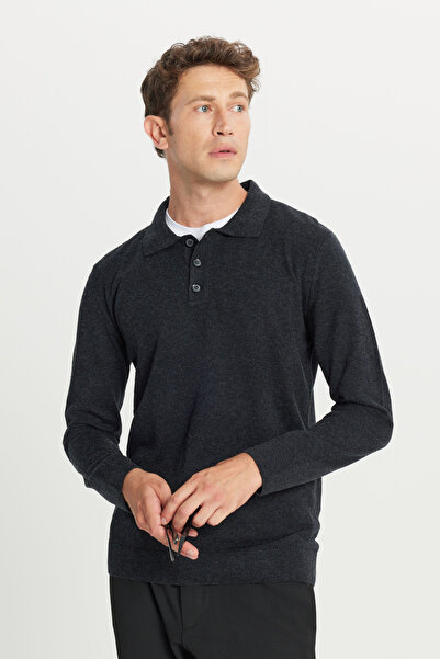 ALTINYILDIZ CLASSICS Men's Anthracite-Melange Wool Standard Fit Regular Cut Polo Neck Knitwear Sweater