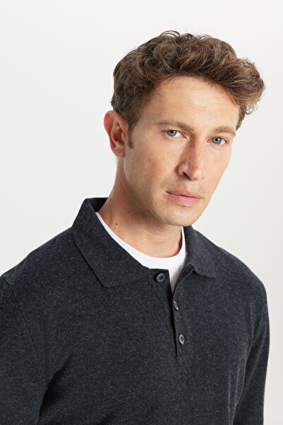 ALTINYILDIZ CLASSICS Men's Anthracite-Melange Wool Standard Fit Regular Cut Polo Neck Knitwear Sweater