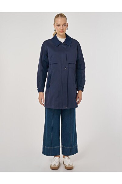 Kayra Denim Paneled Short Trench Coat Dark Navy Blue