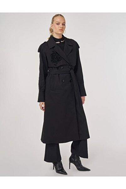 Kayra Trench Coat with Embroidery Detail Black