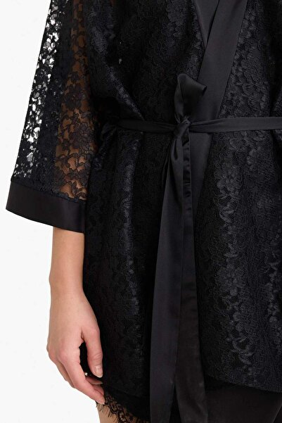 DeFacto Regular Fit Wrap Collar Lace Half Sleeve Dressing Gown-Fall in Love G1541Ax25Wn