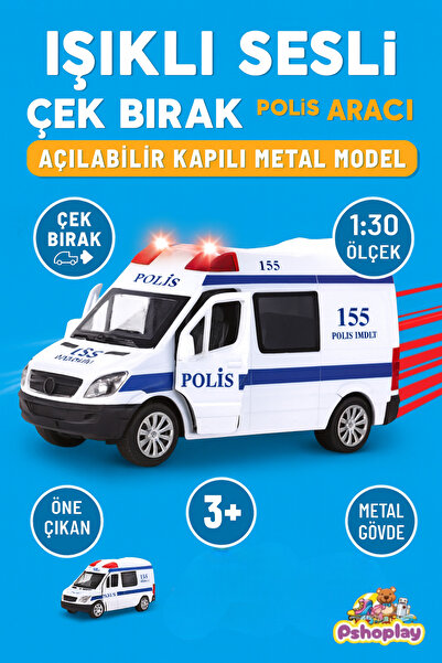 Pshoplay 1:30 Pull and Release Police Car with Lights and Sound – Metal Model with Openable Doors