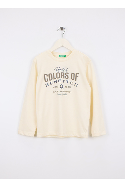 Benetton مطبوع تي شيرت كريمي للأولاد 3ATNC10QU