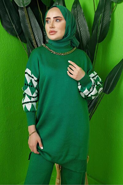 TRENDTESETTÜR Women's Green Sleeve Patterned Knit Tunic t 3408-1