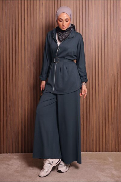 TRENDTESETTÜR Women's Gray (Anthracite) Pants and Belt Suit t 9935