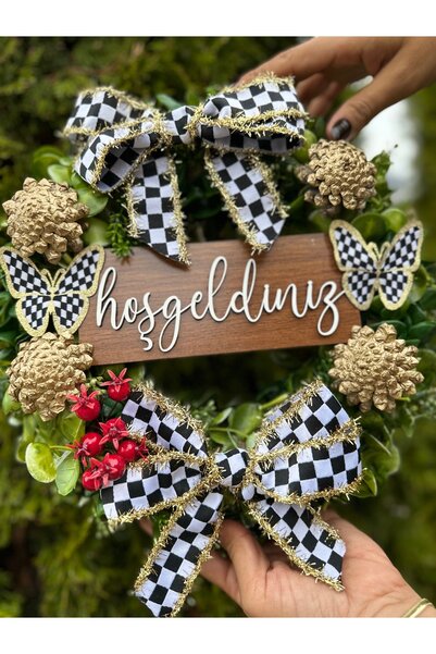 Marrone Hoşgeldiniz Kapı Süsü Simli Damalı Kurdele Kelebek 40 cm Büyük Çelenk