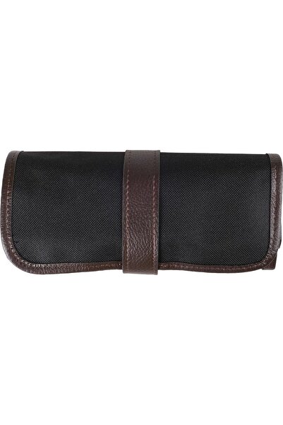 Yıldızan Roll Pencil Case, 36 Compartments, Black Fabric and Brown Leather, Velcro Closure 1178227